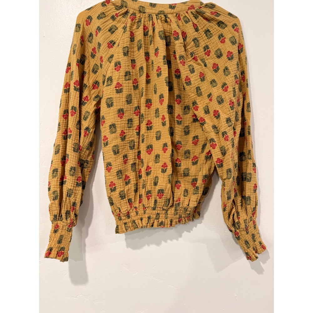 Porridge Anthropologie Mustard Yellow Floral Cotton Gauze Smocked Blouse XS